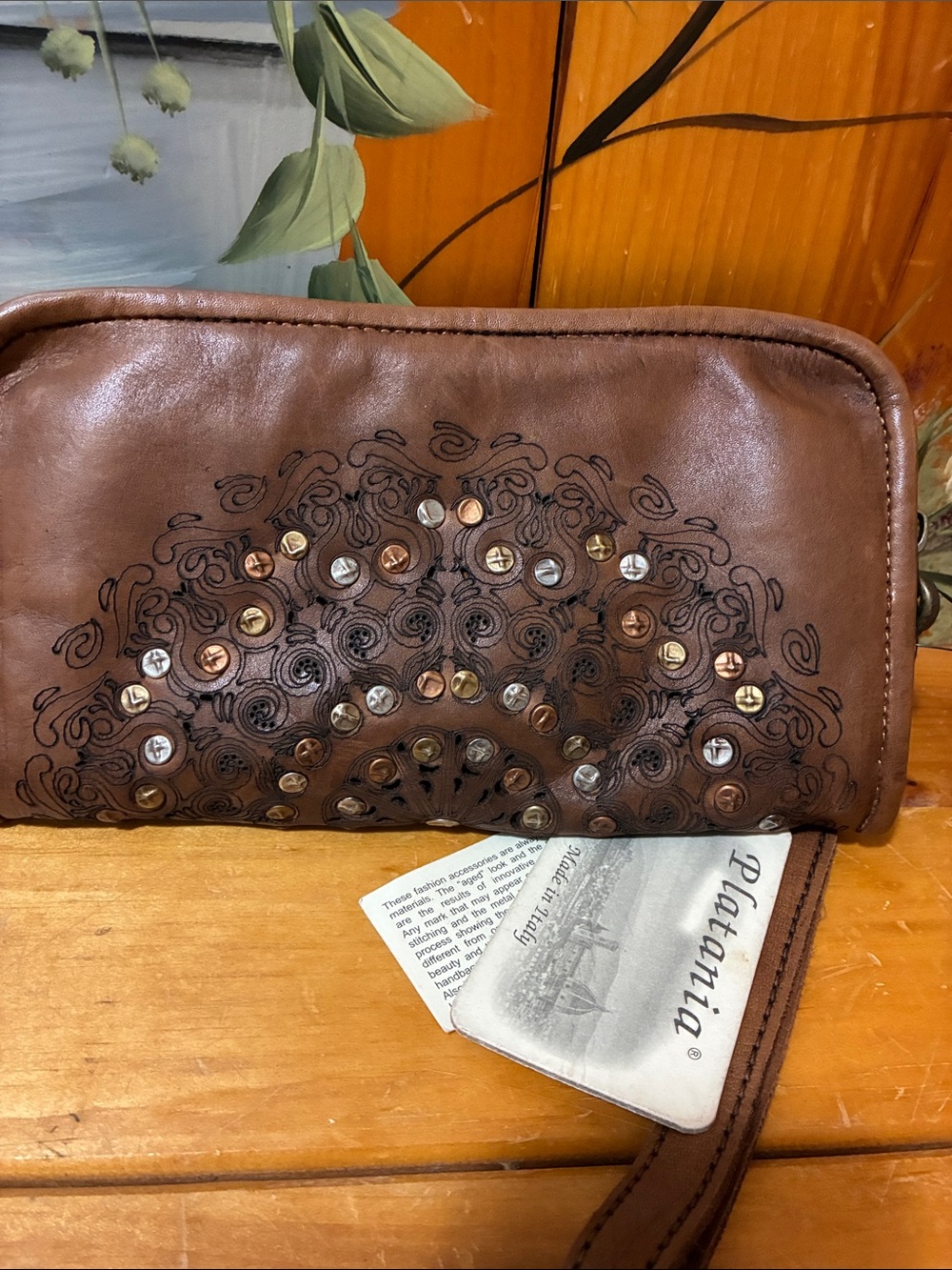 Embroidered Brown Leather Wristlet Clutch with Stud Accents New - Picture 4 of 6